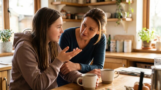 Mother listens to her teenage daughter talking in a kitchen. This scene illustrates mindful parenting and emotional support between family members. Use for articles on family relationships.