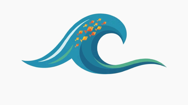 An abstract illustration of a wave in the ocean featuring little fish
