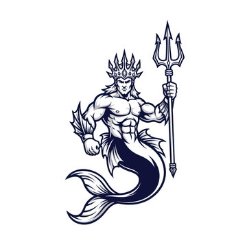 Merman King with Trident and Crown, Mythological Warrior, Ocean God