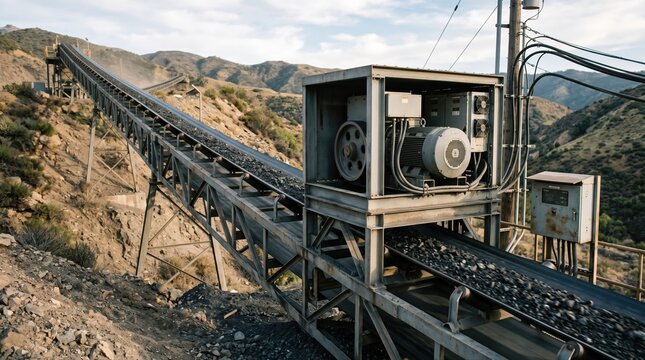 Medium shot focusing on an overland conveyor implementing regenerative braking technology to efficiently recover energy from gravityfed bulk materials.