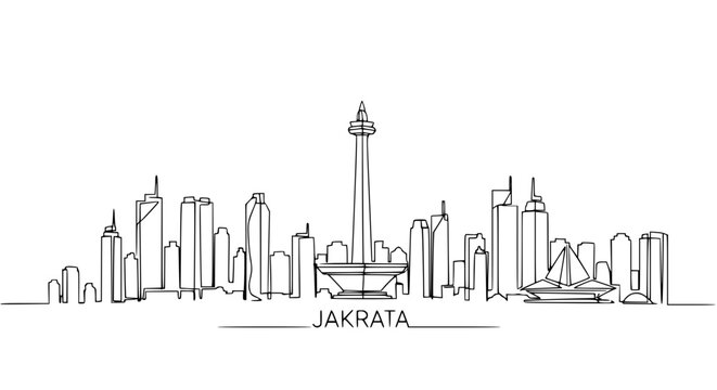 Jakarta Skyline, Indonesia - Minimalist Line Art Cityscape with Monas Tower