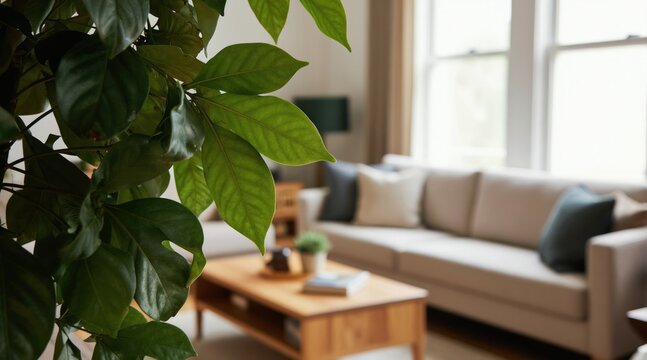 Green plant leaves frame a bright living room. Sofa, coffee table with books and small plant suggest cozy home interior. Natural light streams through window.