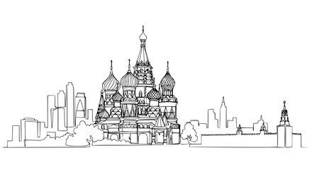 Fototapeta premium Moscow Skyline Silhouette: St. Basil's Cathedral and Modern Buildings Line Art