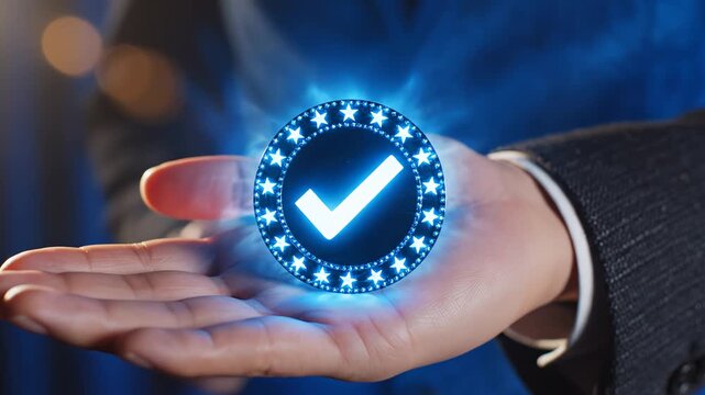 Person holding glowing checkmark symbol ideal for high-end commercial backdrops and visual effects