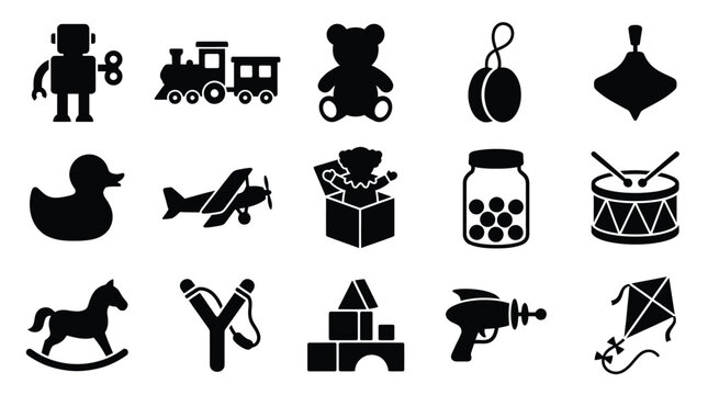 Collection of classic children's toys depicted as black silhouettes on a white background.