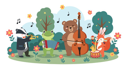 Fototapeta premium Musical forest animals including a bear, fox, frog, and badger play their instruments together in a beautiful flowery meadow.