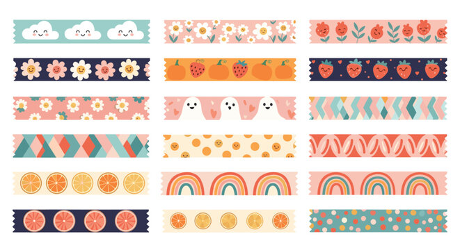 Collection of colorful washi tapes features diverse artistic patterns including flowers, fruits, white clouds, and rainbows.