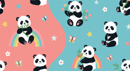 Obraz premium Seamless cute pattern featuring cartoon pandas sitting and holding bamboo against a colorful background with stars and rainbows.