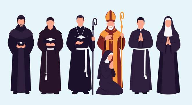 Group of catholic religious figures including priests monks nuns and a bishop standing together in traditional clerical clothing.