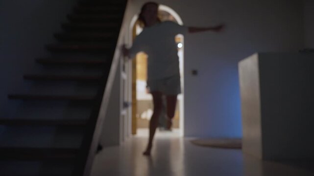 Criminal with knife chasing terrified woman at night