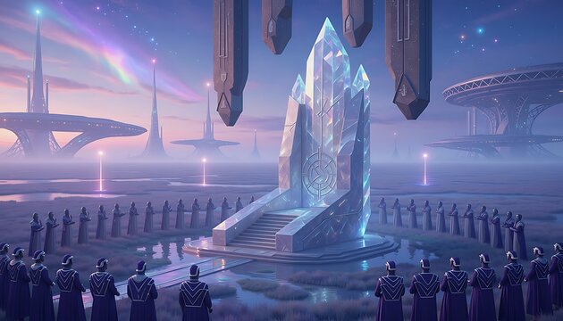 Futuristic alien assembly gathered around a glowing crystal throne in a sci-fi city.
