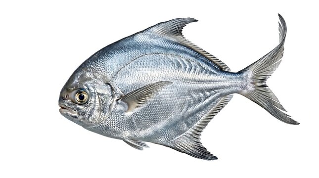 Fresh silvery Atlantic pompano fish isolated on white background.