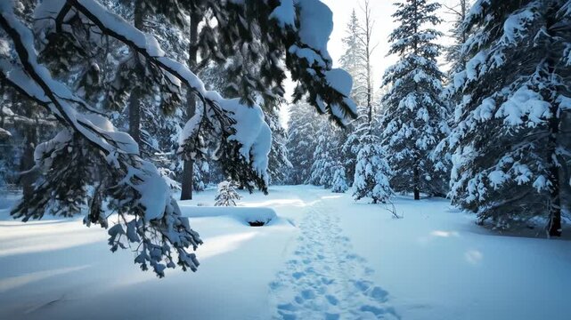 Snowy forest path with tree tracks ideal for wellness, meditation, and natural wellness ads