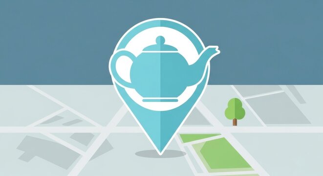 Teapot Location Icon on a Map with a Tree and Green Area.