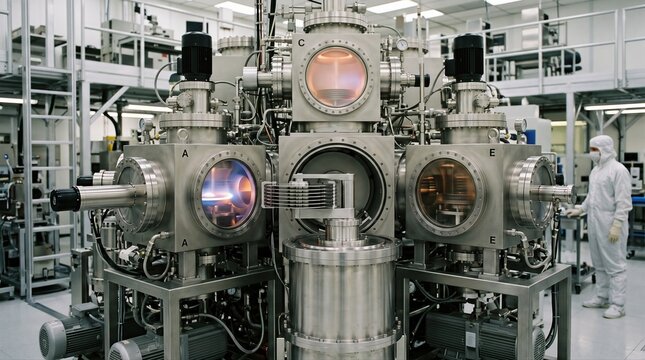 Clustertool vacuum system in medium shot showcasing multiple chambers working simultaneously to deposit magnetic layers on disk platters with precision and efficiency.