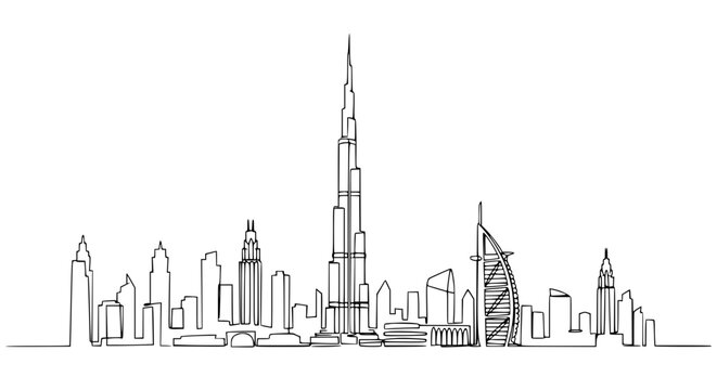 Dubai Skyline Line Art Drawing - Iconic Architecture Silhouette