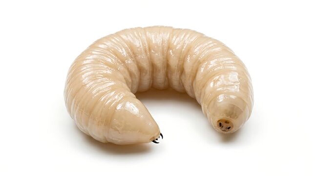 A white grub larva isolated on a clean white background.