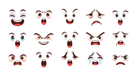 Fototapeta premium Diverse set of stylized facial expressions showing emotions such as joy anger sadness surprise and fear for use in character design.