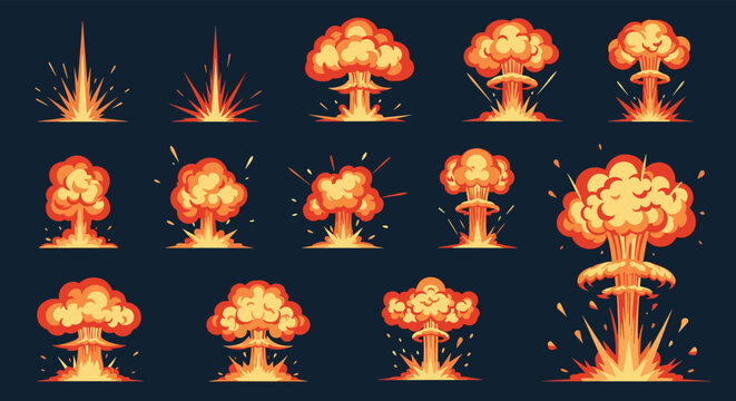 Comprehensive collection of fifteen various pixel art explosion effects ranging from initial sparks to large mushroom clouds in fire colors.