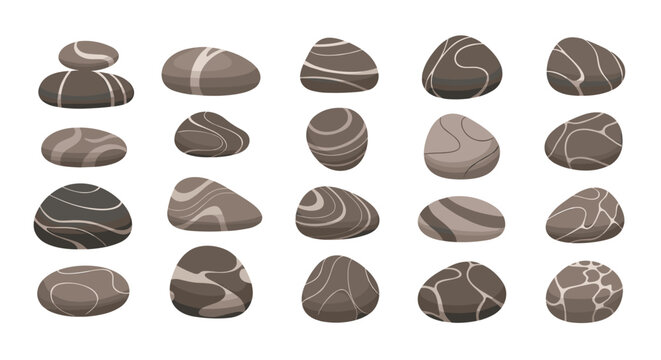 Large collection of smooth gray river stones with unique white marble patterns and textures isolated on a plain white background.