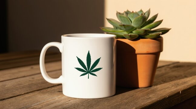 White ceramic mug with marijuana leaf symbol sits on wooden table near potted succulent plant. Hot beverage container with green cannabis icon beside green plant.