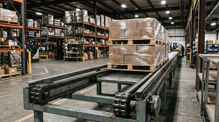 Fototapeta premium Medium shot of a twostrand chain conveyor moving stacked pallets smoothly through an industrial warehouse showcasing durable metal chains and automated material handling.