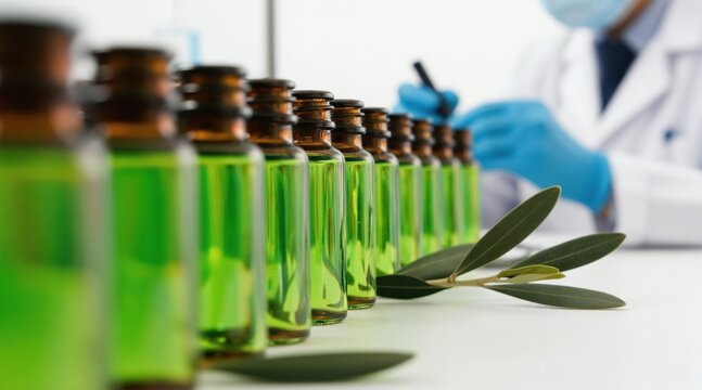 Scientist in lab coats, gloves, mask checks rows of amber glass bottles with green liquid. Olive branch rests on table near vials for natural medicine research. Health product quality control lab