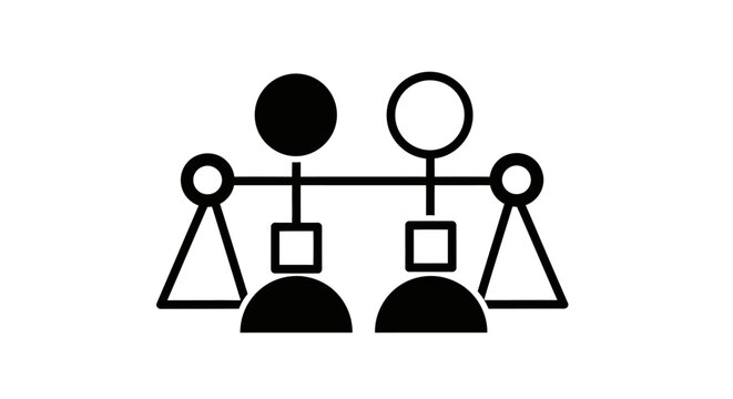 Balance and equality concept with two diverse figures on a scale. Social justice, fairness, equal opportunity, and human rights symbol.