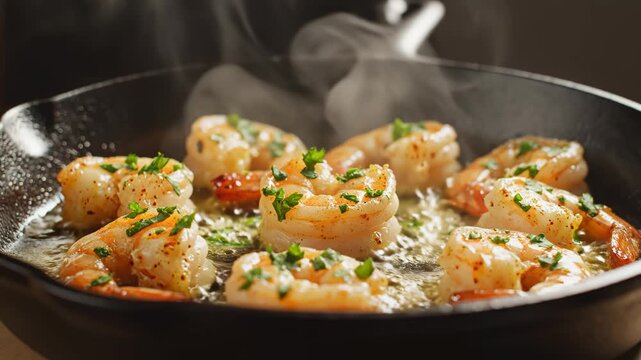 Steaming shrimp in a skillet adding premium commercial value to corporate campaigns