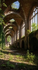 Obraz premium Sunlit Interior of Abandoned Church with Arched Windows and Vegetation.