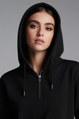 Fototapeta premium Model with cat eye makeup wears black hooded sweatshirt. Poses looking directly at camera, face framed by hood. Studio portrait features simple grey background, soft lighting accentuating facial