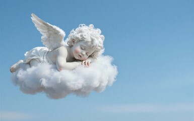 Fototapeta premium Sleeping angel with white wings rests peacefully on fluffy cloud