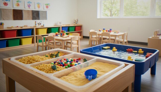 An interior shot of a brightly lit preschool classroom featuring sensory activity tables filled with pasta, pom poms, sand, and water with toy ducks.