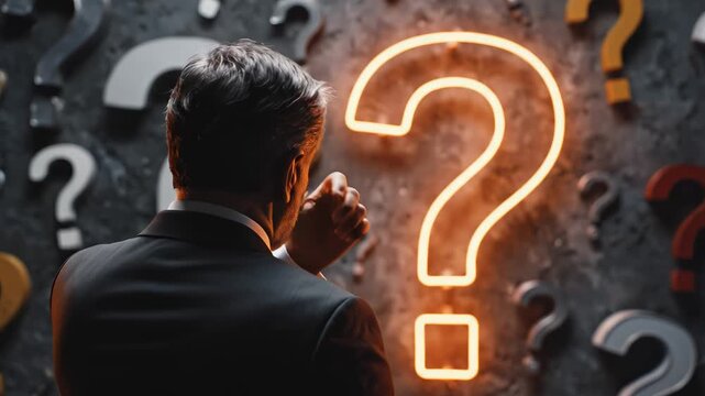 Man in suit with glowing question mark ideal for creative backgrounds and modern web design