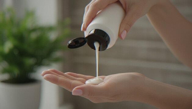 A close-up of a woman squeezing a moisturizing lotion from a white plastic bottle onto her palm for skincare application.