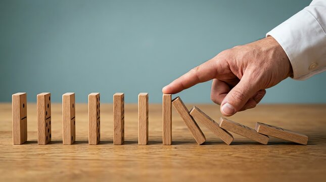 Hand stopping a line of falling dominoes from toppling over, concept of control and prevention