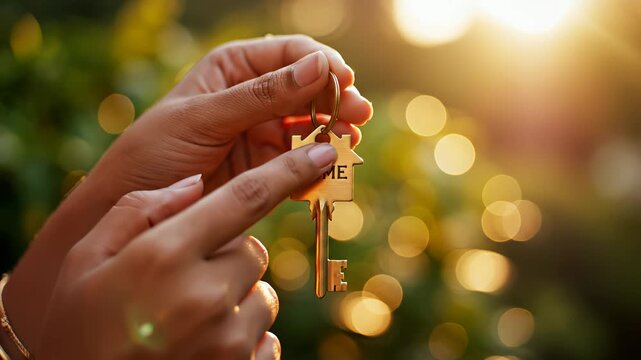 Hand holding houseshaped key with HOME text symbolizing dynamic movement and artistic expression