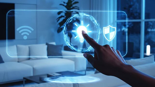 Hand interacting with futuristic smart home interface representing data-driven futures and networking concepts
