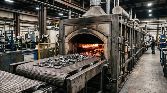 Medium shot of a metal parts manufacturing process featuring a long tunnel continuous belt furnace with a moving mesh belt heated for uniform treatment and production scaling.