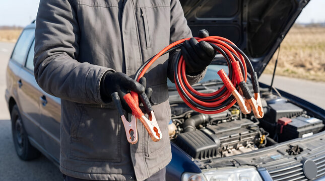 Close-up of a Man Holding Red and Black Jumper Cables in Front of a Car with an Open Hood