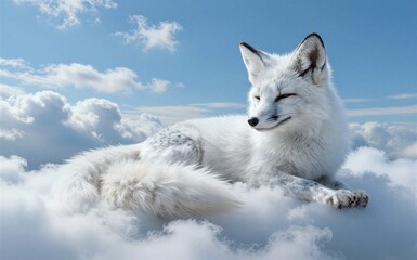 Fototapeta premium White fox rests peacefully atop fluffy clouds under a bright blue sky.