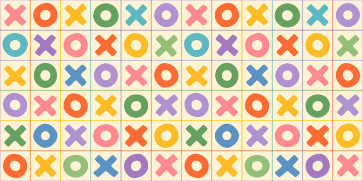 Fun playful xoxo hugs and kisses cross and circle vector seamless pattern, cute pastel colored kids tic tac toe game background for children school stationery, educational resources