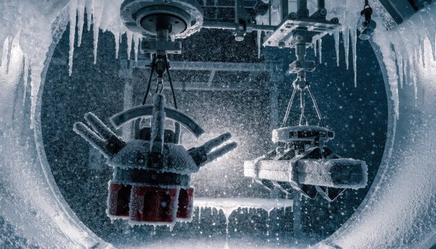 Medium shot capturing tools exposed to extreme cold conditions in environmental chamber simulating freezing environments for performance testing.