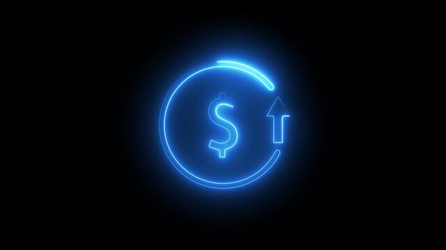 Abstract decrease icon on black background. Dollar rate up to down looped icon. Reduce costs sign.Money increases icon, dollar arrow up icon .Glowing up arrow with dollar sign. Glowing neon line.4k