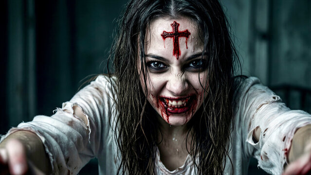Scary possessed woman with blood on face and cross mark on forehead looking at camera in horror movie style