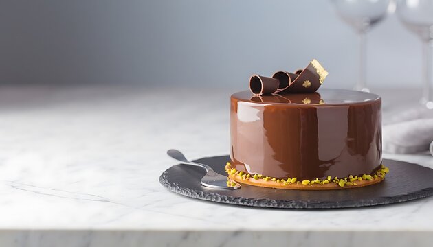 Gourmet chocolate mirror glaze mousse cake on slate plate.