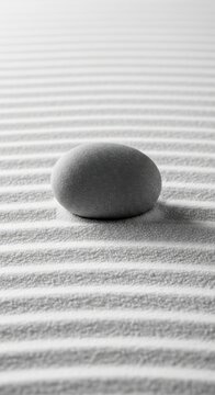 Gray stone, zen rock, peaceful landscape, serene sand pattern