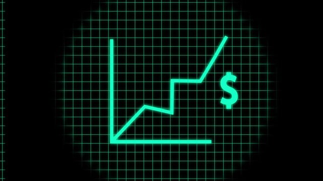 financial growth chart animation with rising profit line and dollar symbol on digital grid background. Futuristic green neon business graph representing stock market growth, financial success,