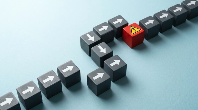 Strategic path deviation with a warning symbol, illustrating an unexpected challenge or obstacle encountered in business planning and decision-making