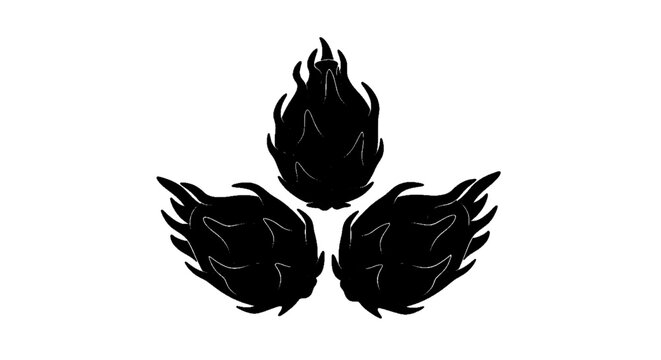 Minimal black silhouette icon, simple flat vector, bold black shape, no, no shading silhouette of three dragon fruits on a, flat icon style